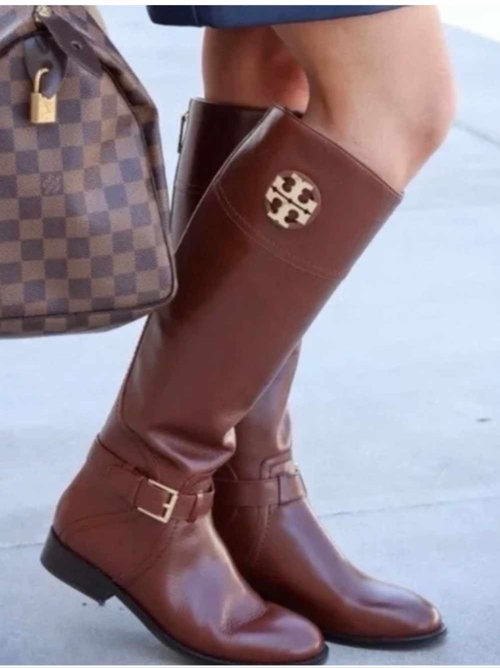 TORY BURCH Adeline Riding Tall BOOTS Size 5 Leather Brown Gold Logo NEW $498